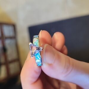 Silver Ring W/ Blue Stone And Opal Inset On Band